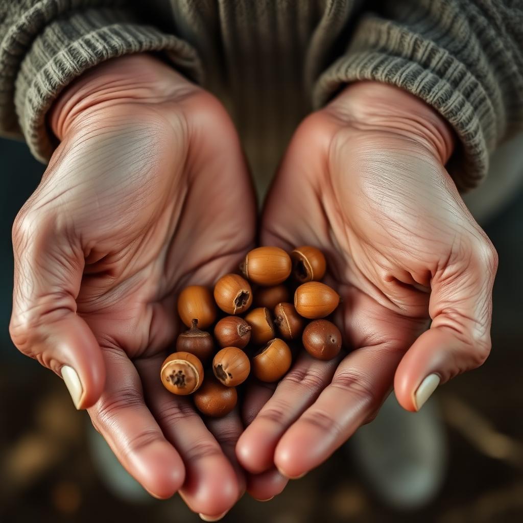 Aged hands and young hands together holding acorns