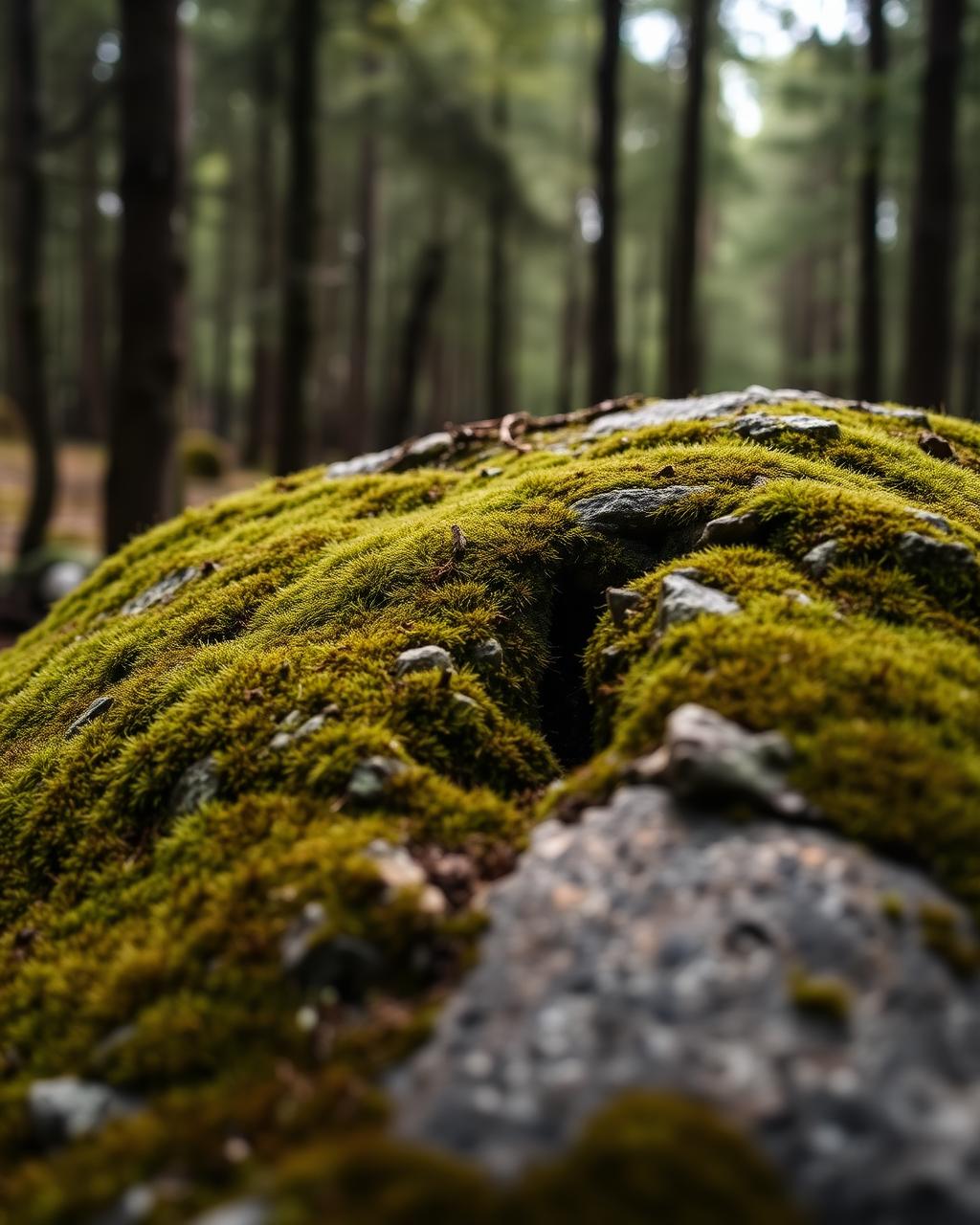 A moss-covered stone resting on the forest floor